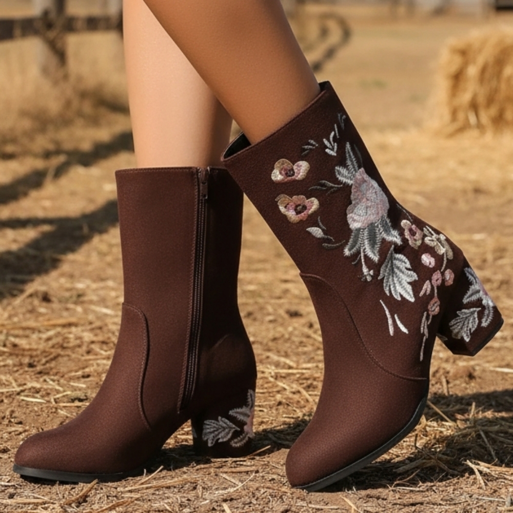 Floral Embroidered Block Heel Boots Boho Western Retro Vegan Suede Colorful Shoe